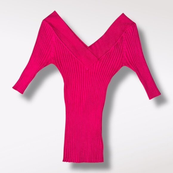 Hot Pink Ribbed V-Neck Sweater Y2K Fit City Streets Size Medium - Picture 8 of 8